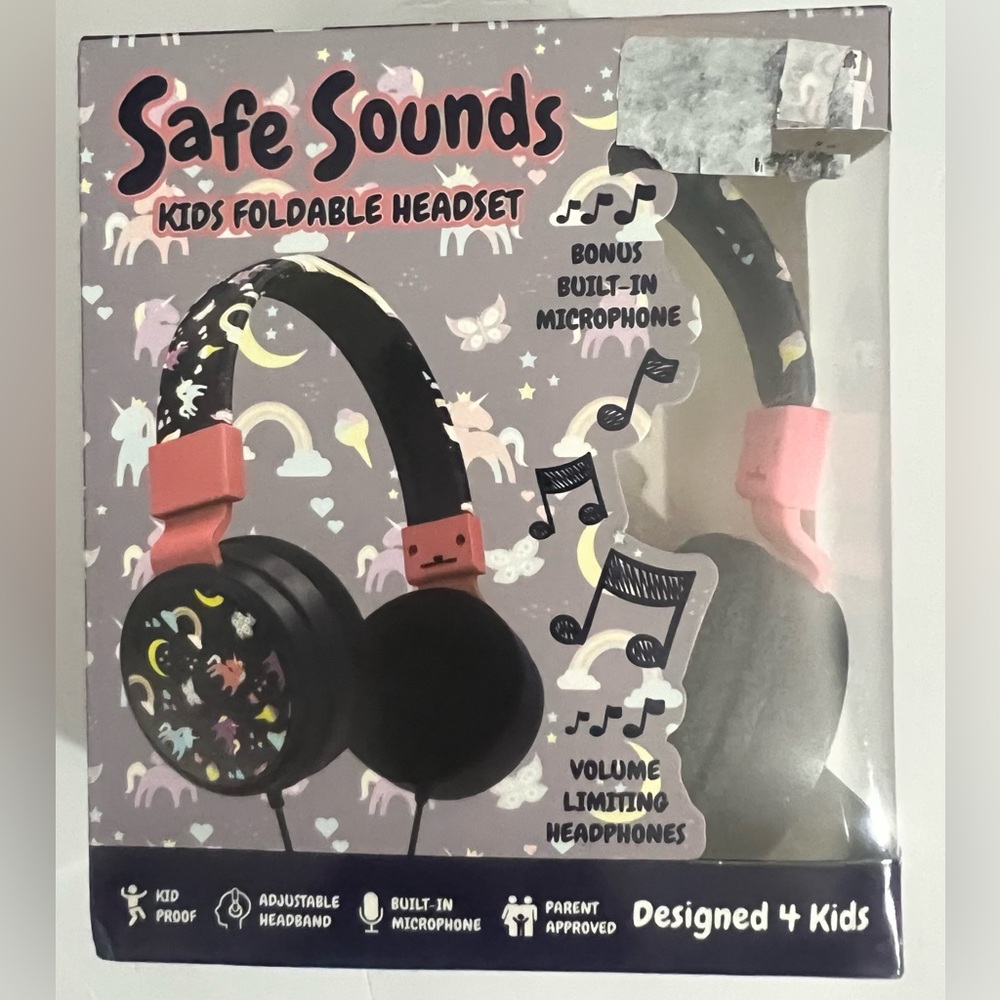 Safe Sounds Kids Foldable Headphones Unicorn Volume Limiting 85dB w/ Mic 3.5mm
